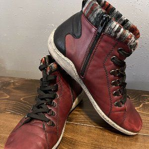 Remonte Rieker Burgundy Red Patchwork Plaid Ankle Boots Lace Up Zipper Women 7.5